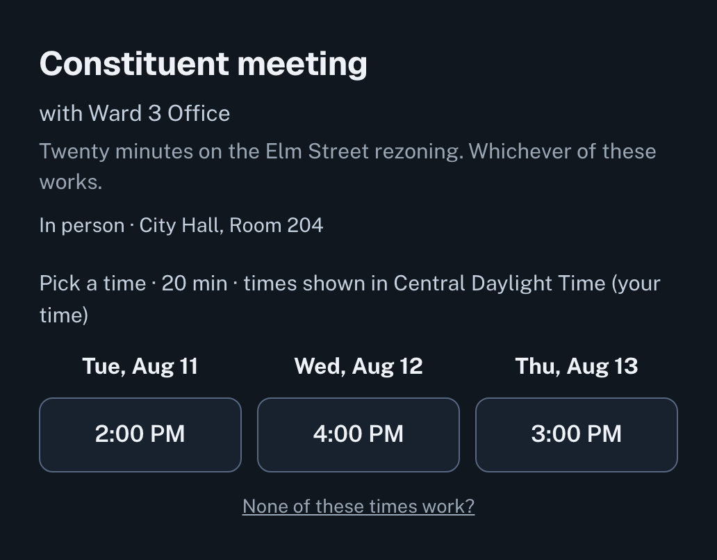 A proposal as the recipient sees it: “Constituent meeting with Ward 3 Office”, twenty minutes, in person at City Hall Room 204, and three times to choose from across Tuesday, Wednesday and Thursday.