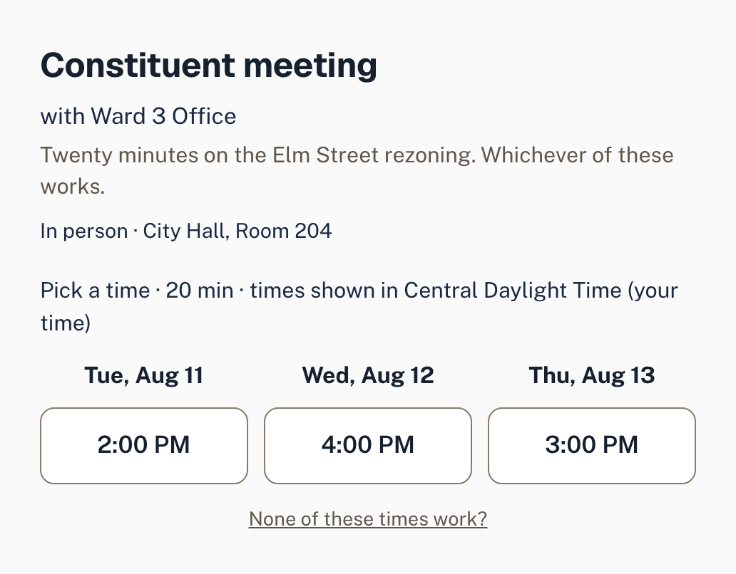 A proposal as the recipient sees it: “Constituent meeting with Ward 3 Office”, twenty minutes, in person at City Hall Room 204, and three times to choose from across Tuesday, Wednesday and Thursday.